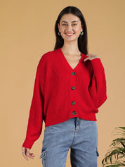 KOTTY Self Design V Neck Casual Women Red Sweater 