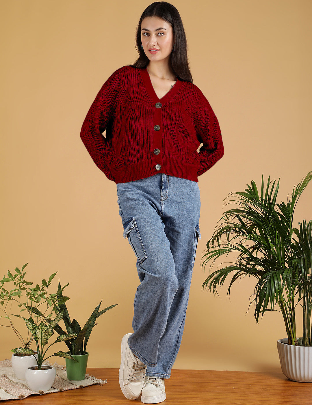 KOTTY Self Design V Neck Casual Women Maroon Sweater 