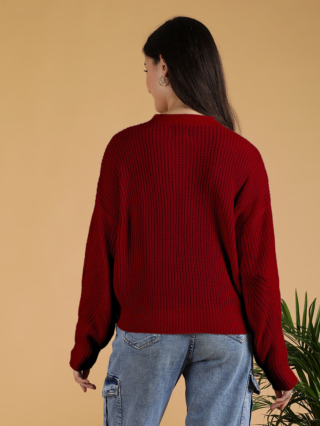 KOTTY Self Design V Neck Casual Women Maroon Sweater 