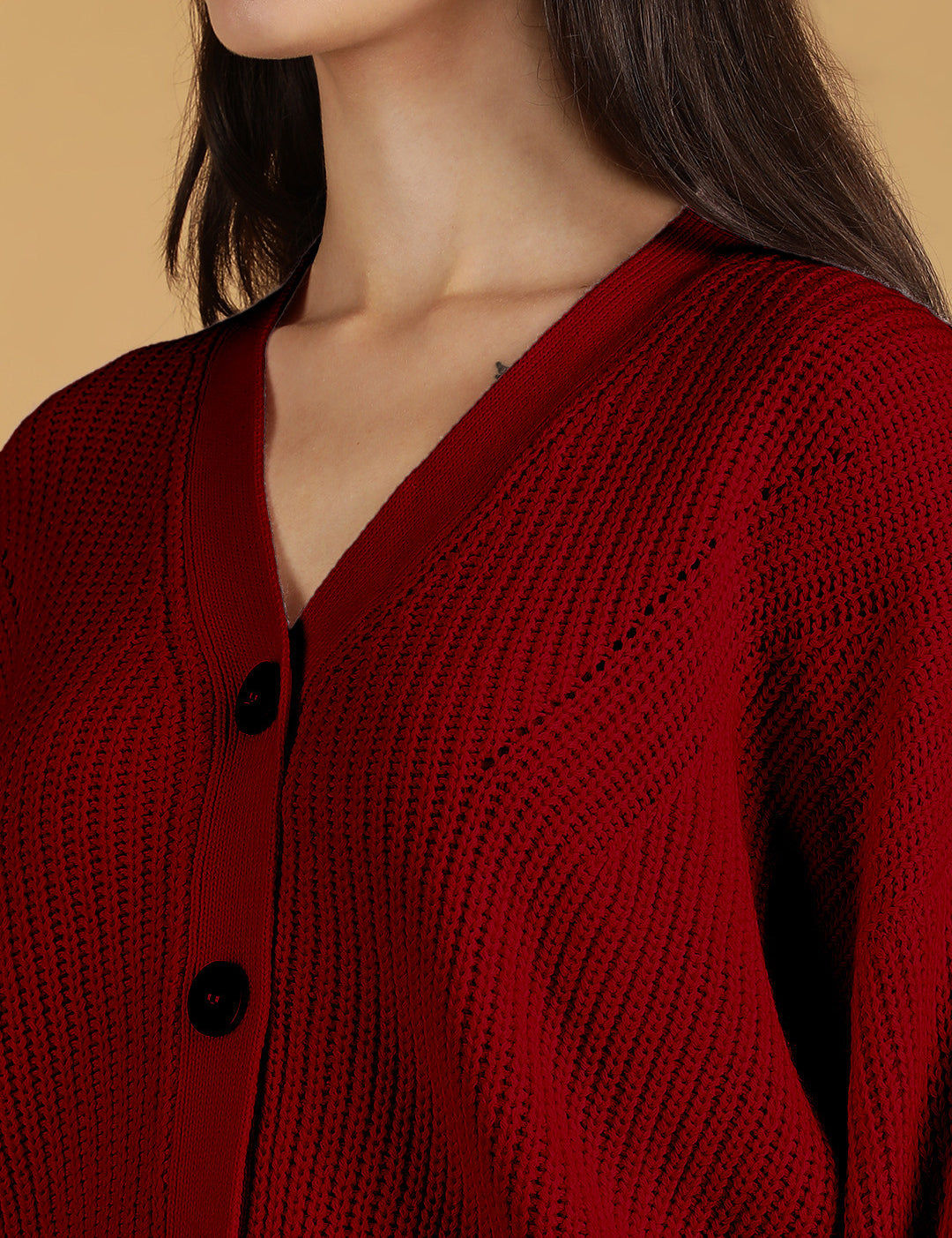 KOTTY Self Design V Neck Casual Women Maroon Sweater 