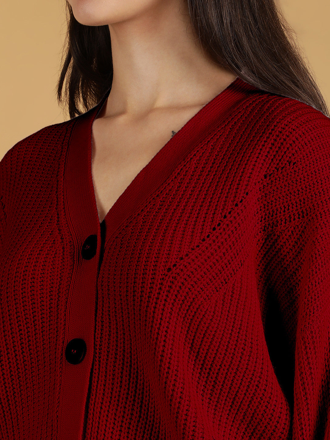 KOTTY Self Design V Neck Casual Women Maroon Sweater 