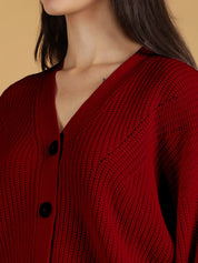 KOTTY Self Design V Neck Casual Women Maroon Sweater 