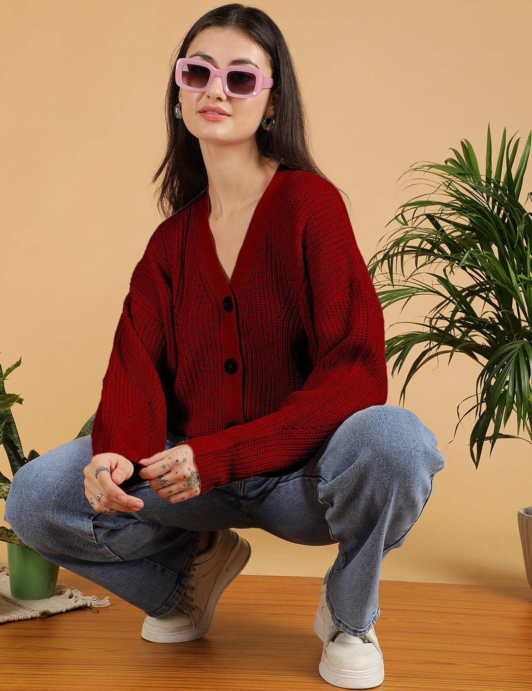KOTTY Self Design V Neck Casual Women Maroon Sweater 