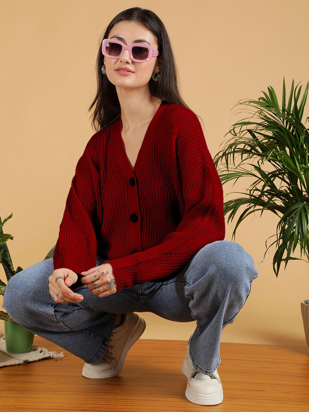 KOTTY Self Design V Neck Casual Women Maroon Sweater 