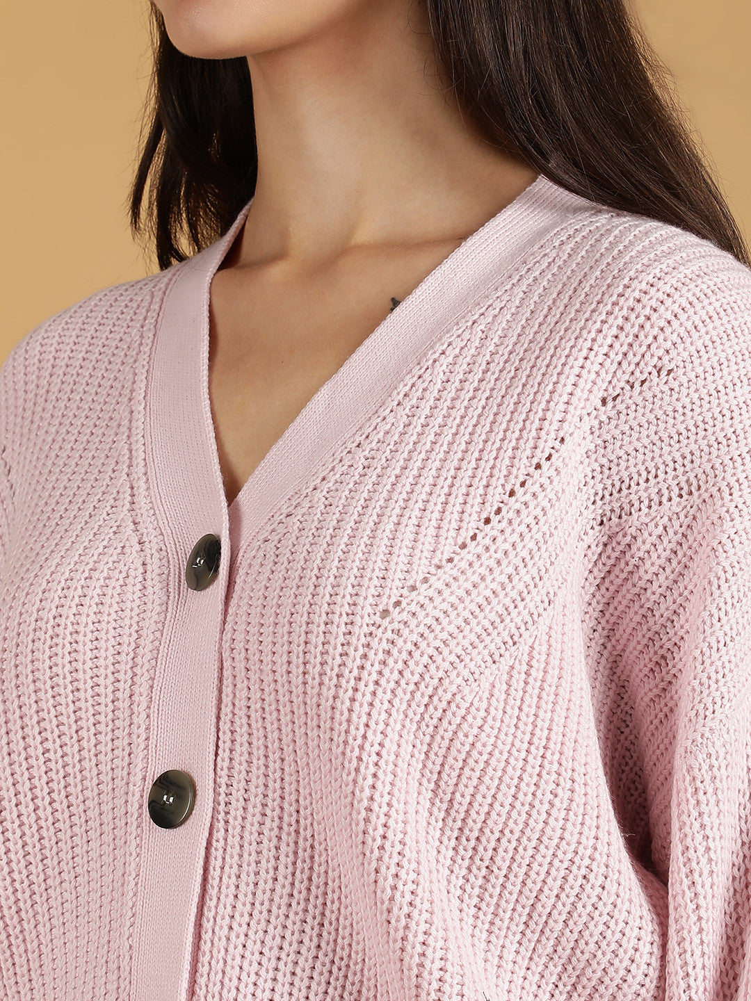 KOTTY Solid V Neck Casual Women Pink Sweater 
