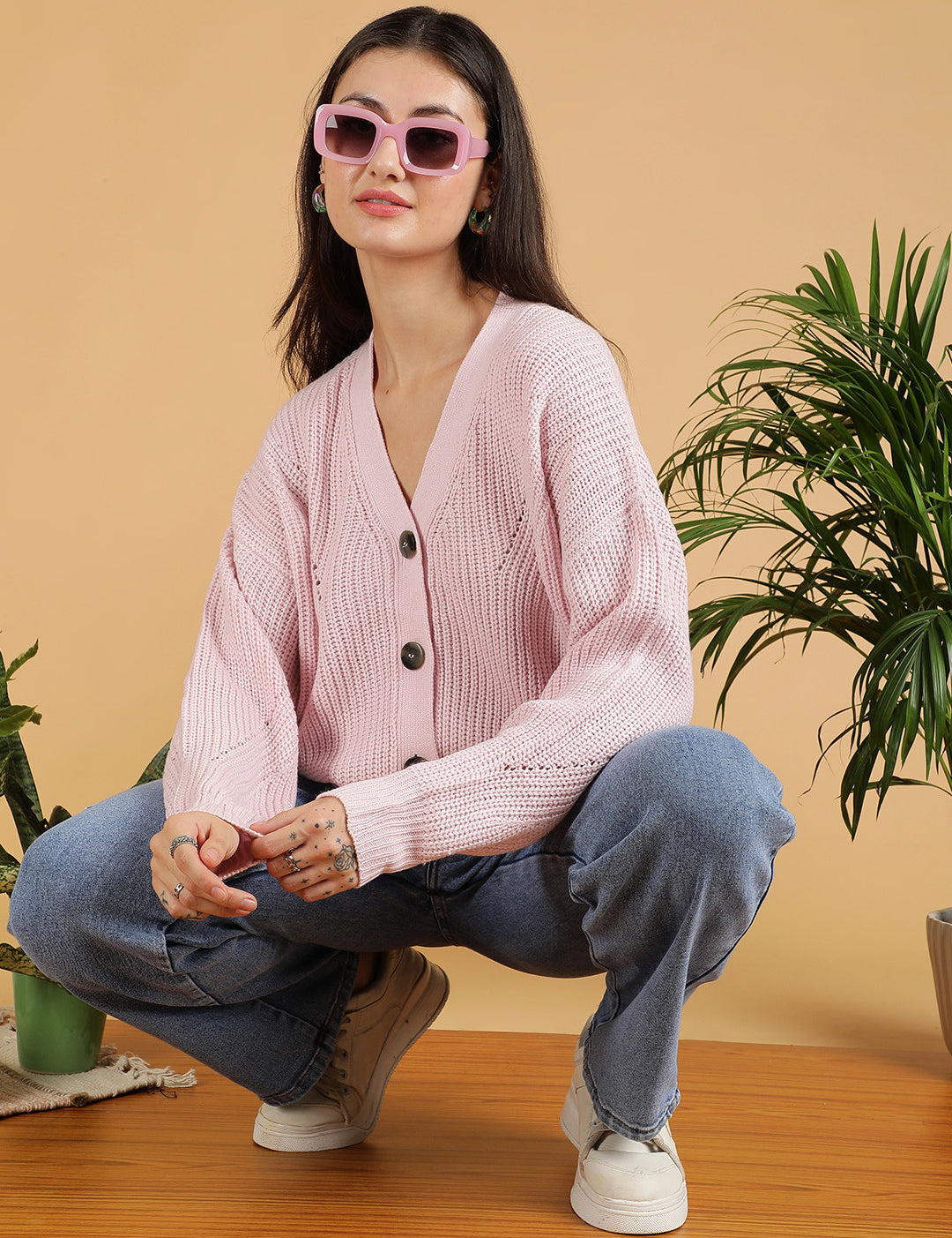 KOTTY Solid V Neck Casual Women Pink Sweater 