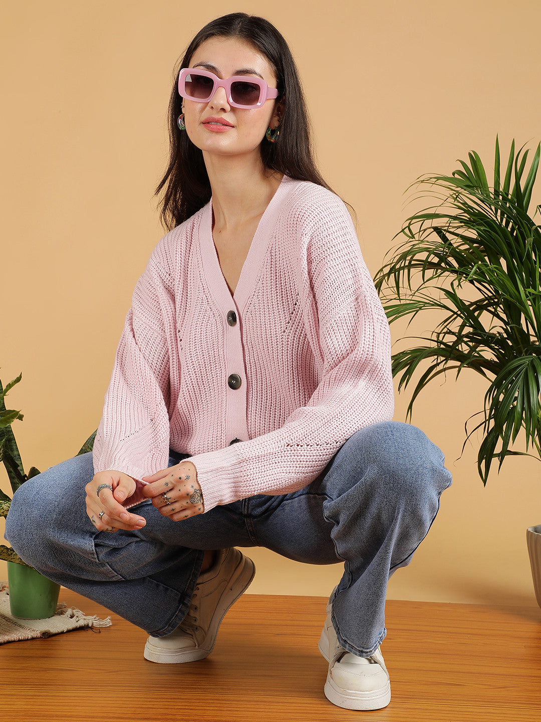 KOTTY Solid V Neck Casual Women Pink Sweater 