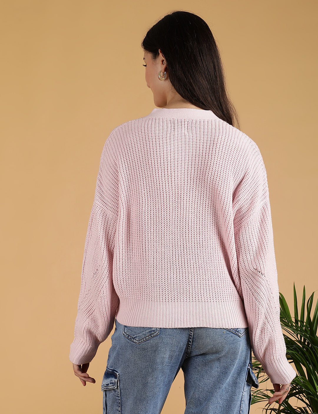 KOTTY Solid V Neck Casual Women Pink Sweater 
