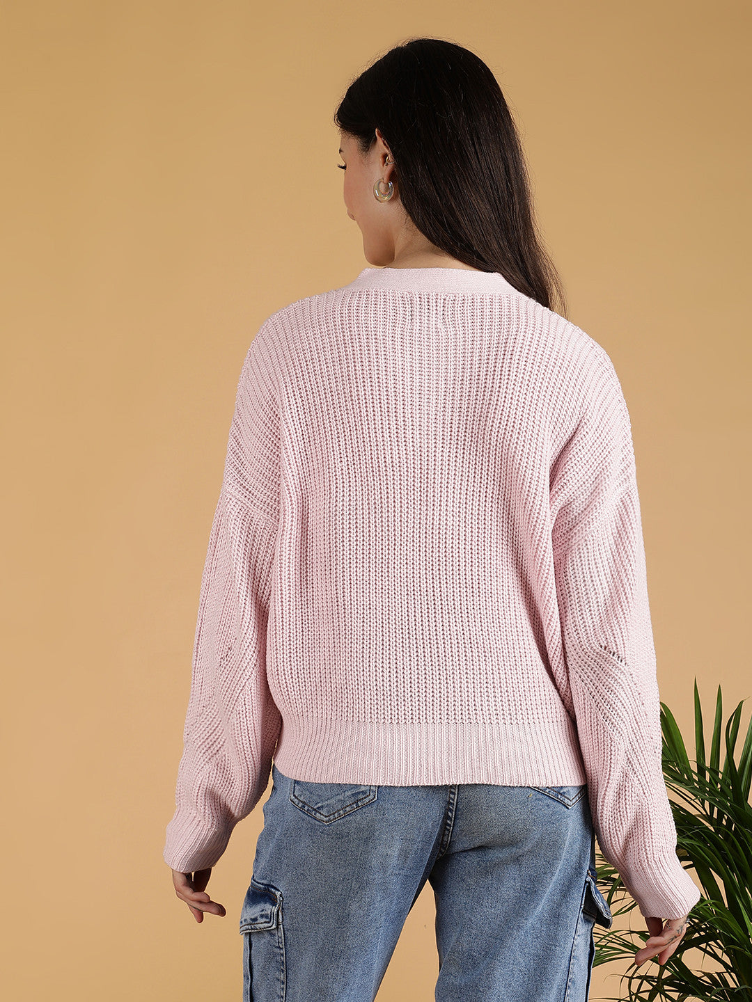 KOTTY Solid V Neck Casual Women Pink Sweater 