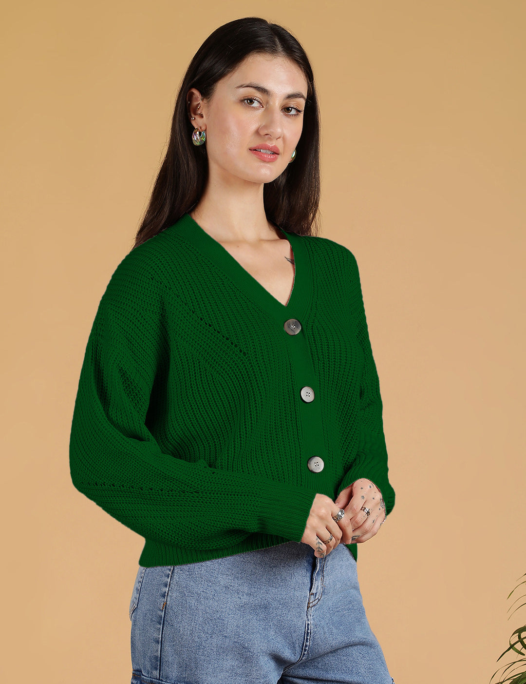 KOTTY Solid V Neck Casual Women Green Sweater 