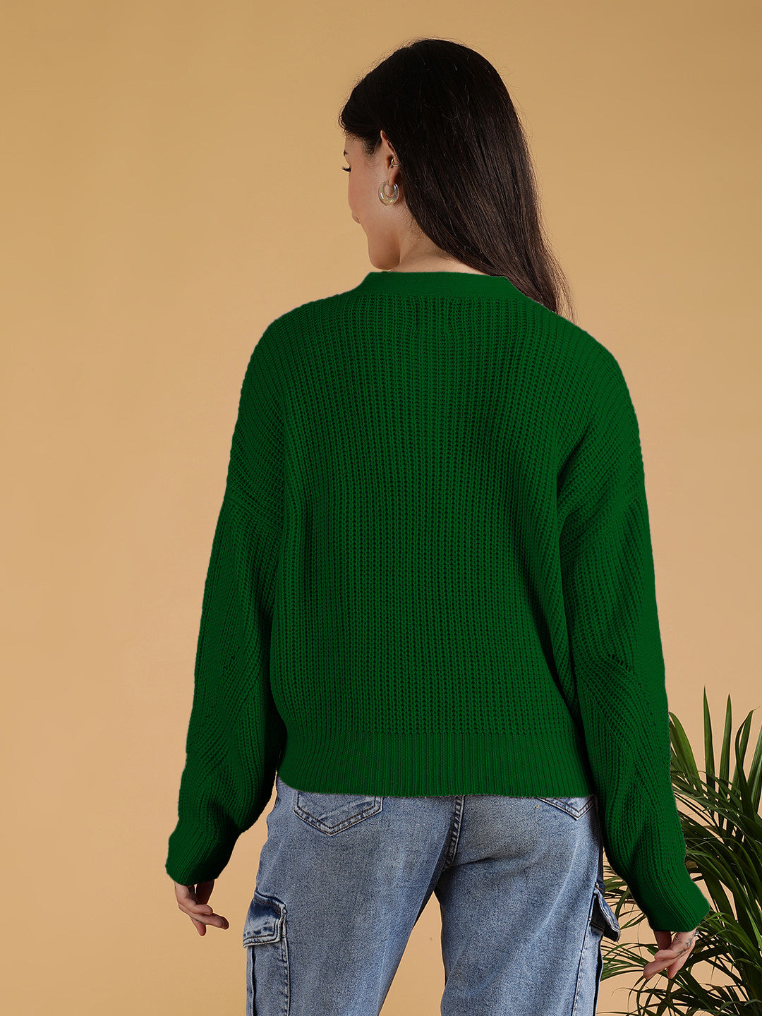 KOTTY Solid V Neck Casual Women Green Sweater 