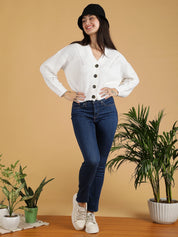 KOTTY Solid V Neck Casual Women White Sweater 