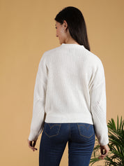 KOTTY Solid V Neck Casual Women White Sweater 