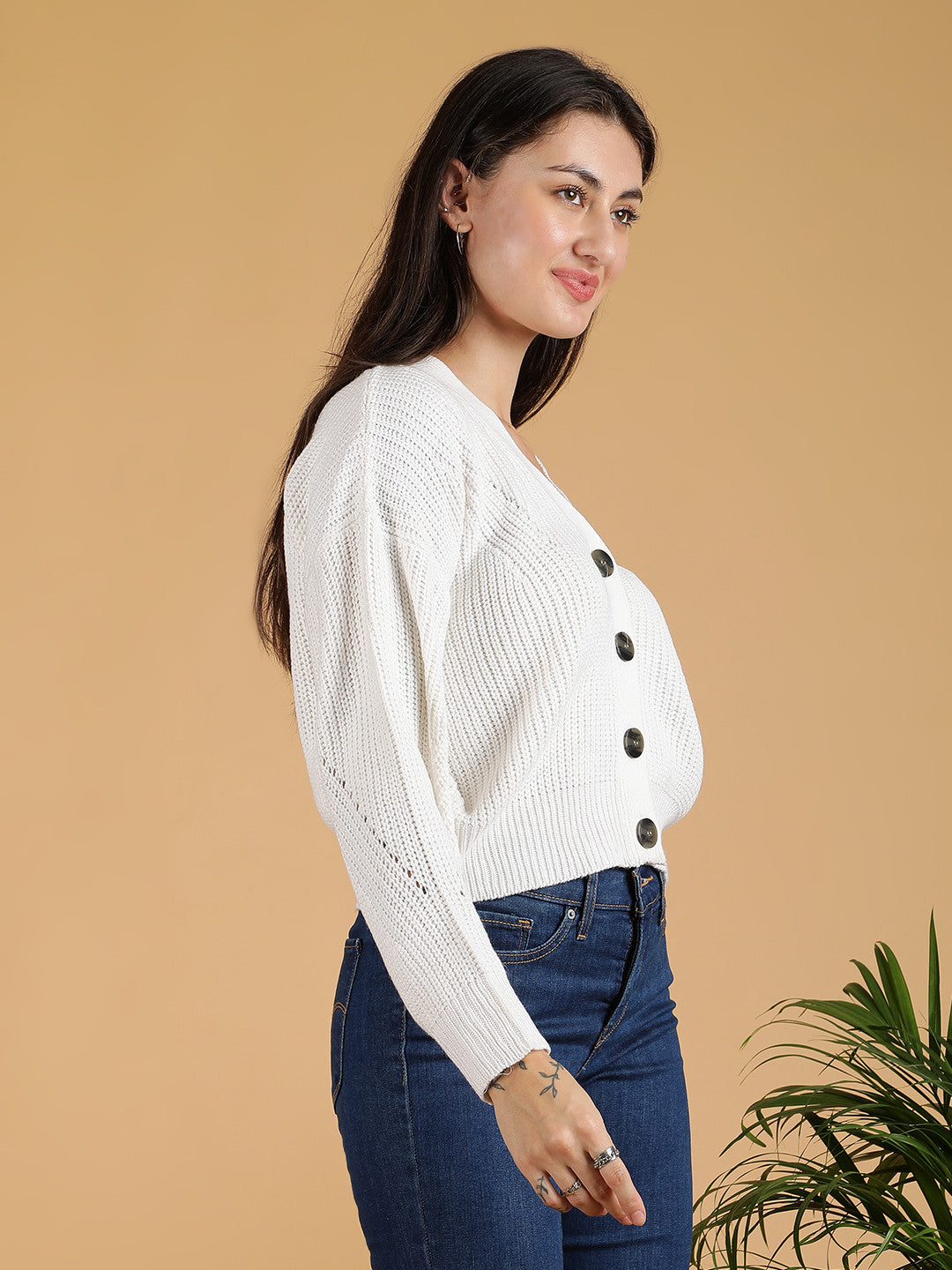 KOTTY Solid V Neck Casual Women White Sweater 