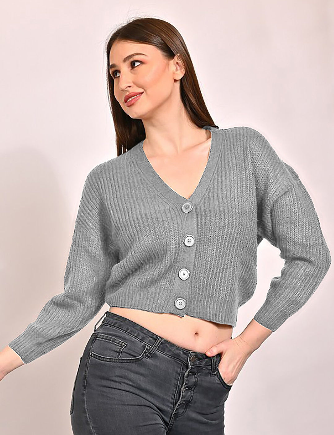 KOTTY Self Design V Neck Casual Women Grey Sweater 
