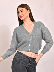 KOTTY Self Design V Neck Casual Women Grey Sweater 