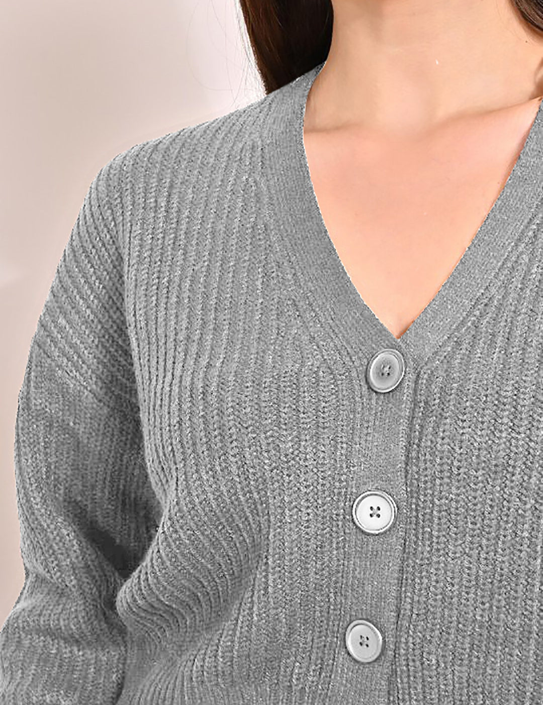 KOTTY Self Design V Neck Casual Women Grey Sweater 