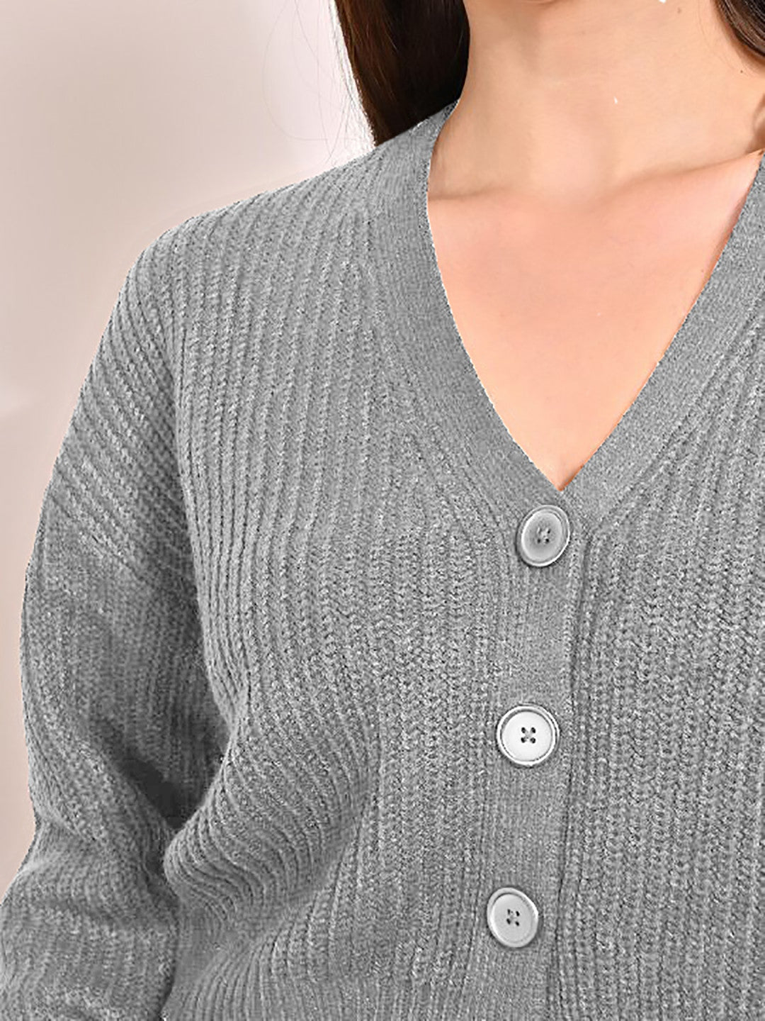 KOTTY Self Design V Neck Casual Women Grey Sweater 