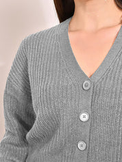 KOTTY Self Design V Neck Casual Women Grey Sweater 