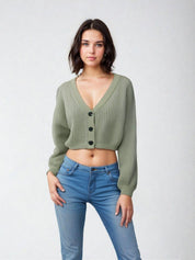 KOTTY Self Design V Neck Casual Women Green Sweater 