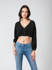 KOTTY Self Design V Neck Casual Women Black Sweater 