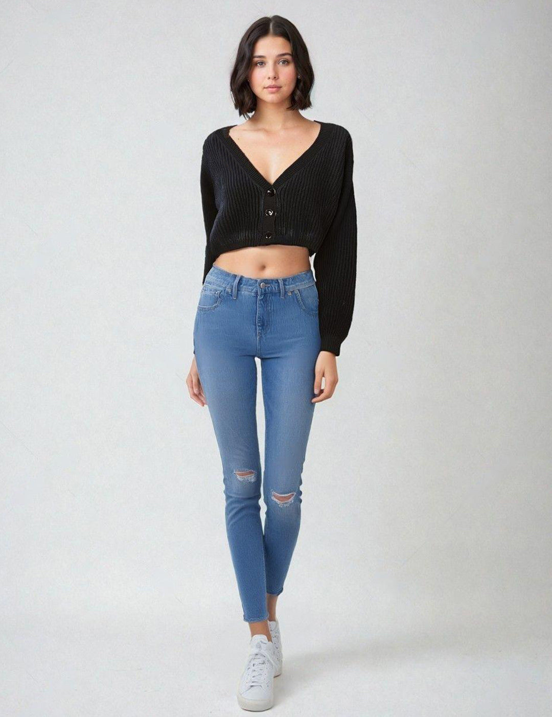 KOTTY Self Design V Neck Casual Women Black Sweater 