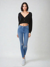 KOTTY Self Design V Neck Casual Women Black Sweater 