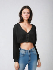 KOTTY Self Design V Neck Casual Women Black Sweater 