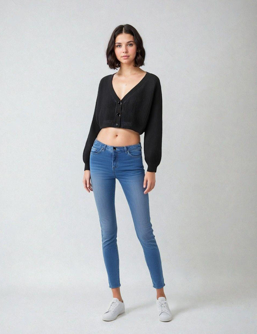 KOTTY Self Design V Neck Casual Women Black Sweater 
