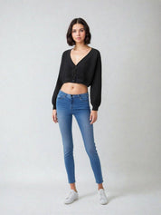 KOTTY Self Design V Neck Casual Women Black Sweater 