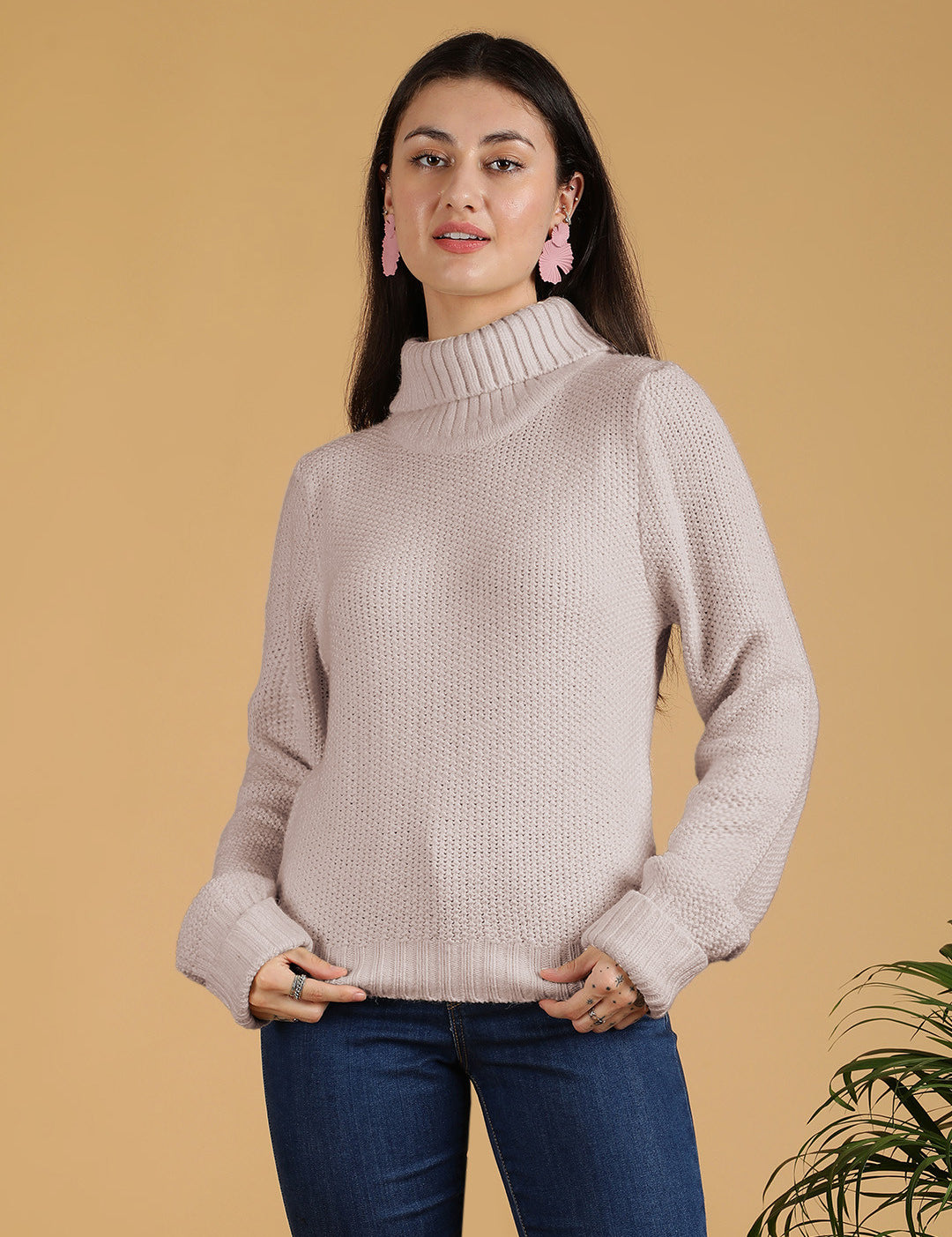 KOTTY Solid High Neck Casual Women Beige Sweater 