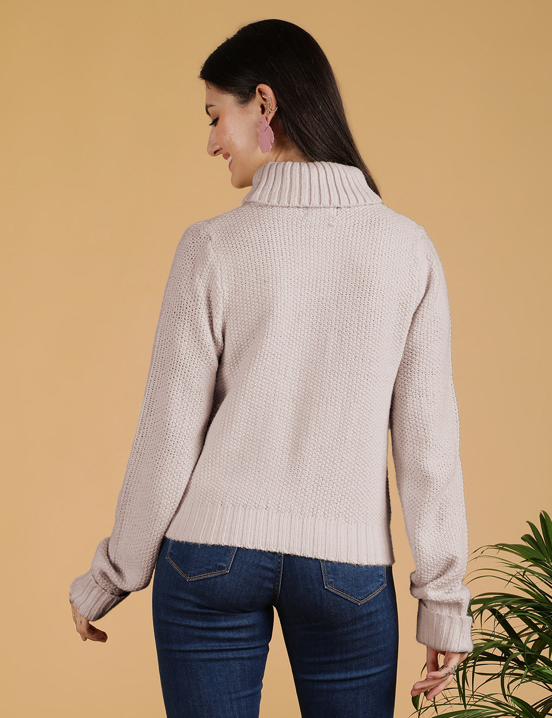KOTTY Solid High Neck Casual Women Beige Sweater 