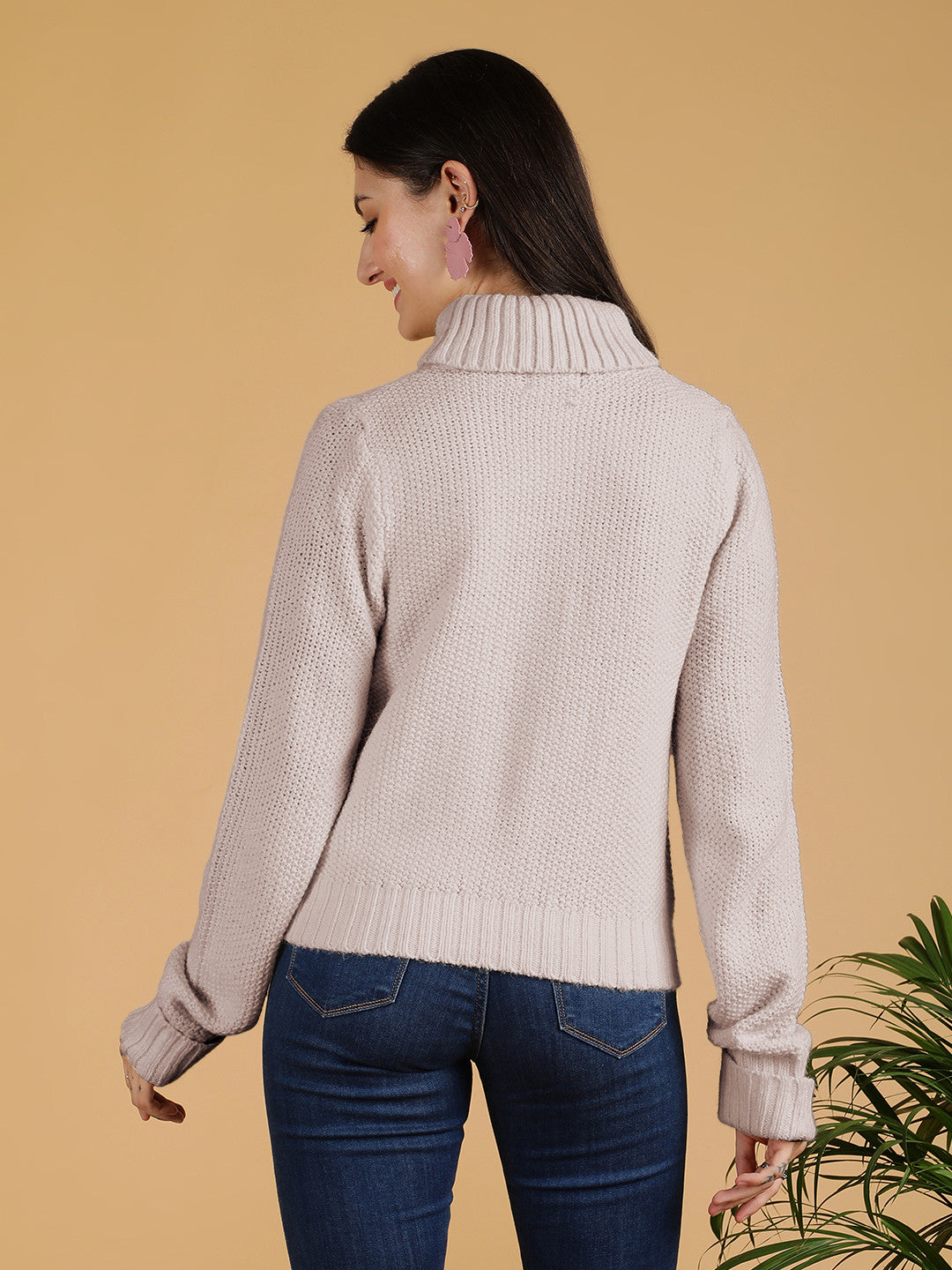 KOTTY Solid High Neck Casual Women Beige Sweater 