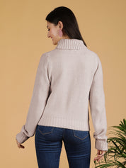 KOTTY Solid High Neck Casual Women Beige Sweater 