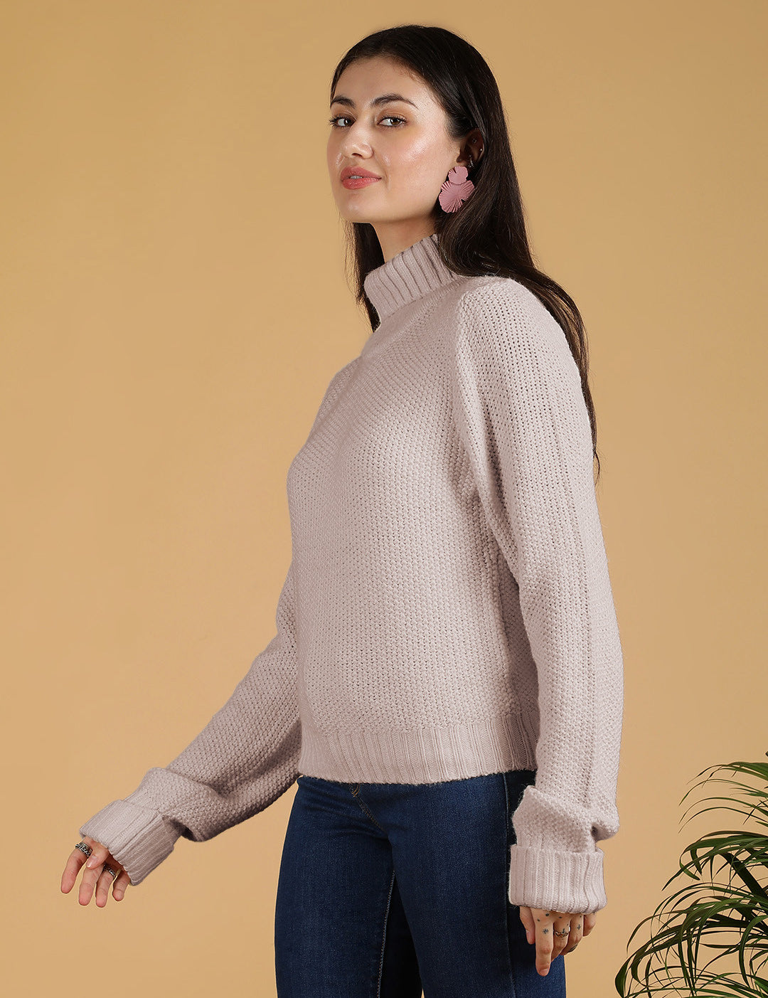 KOTTY Solid High Neck Casual Women Beige Sweater 