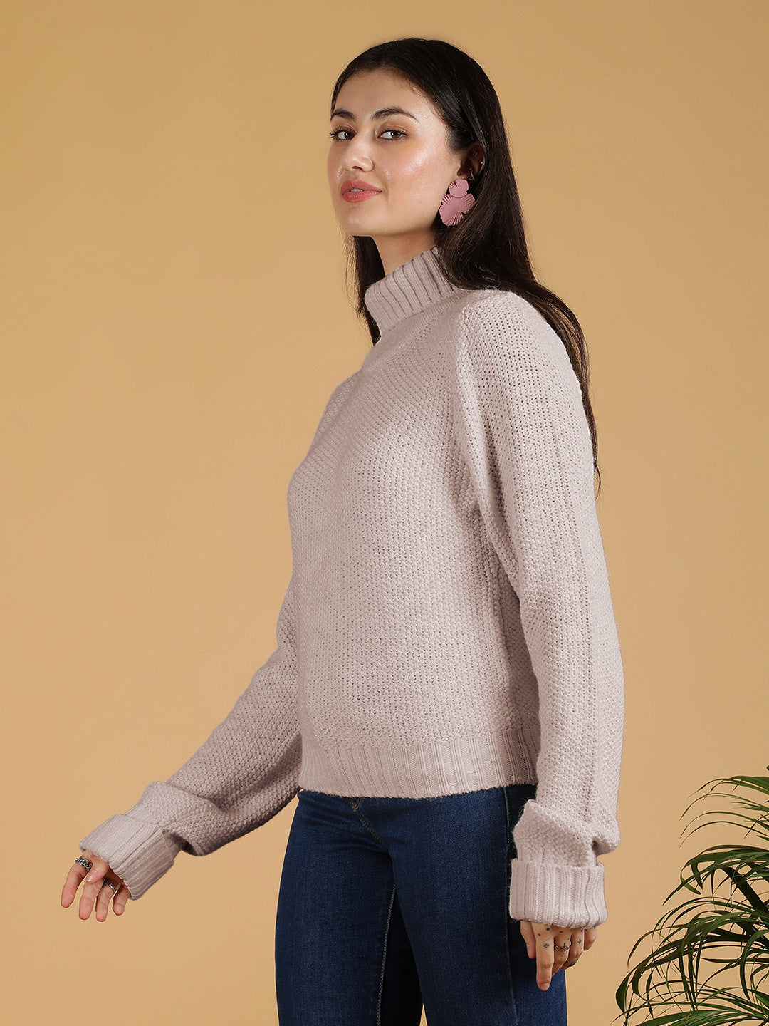 KOTTY Solid High Neck Casual Women Beige Sweater 