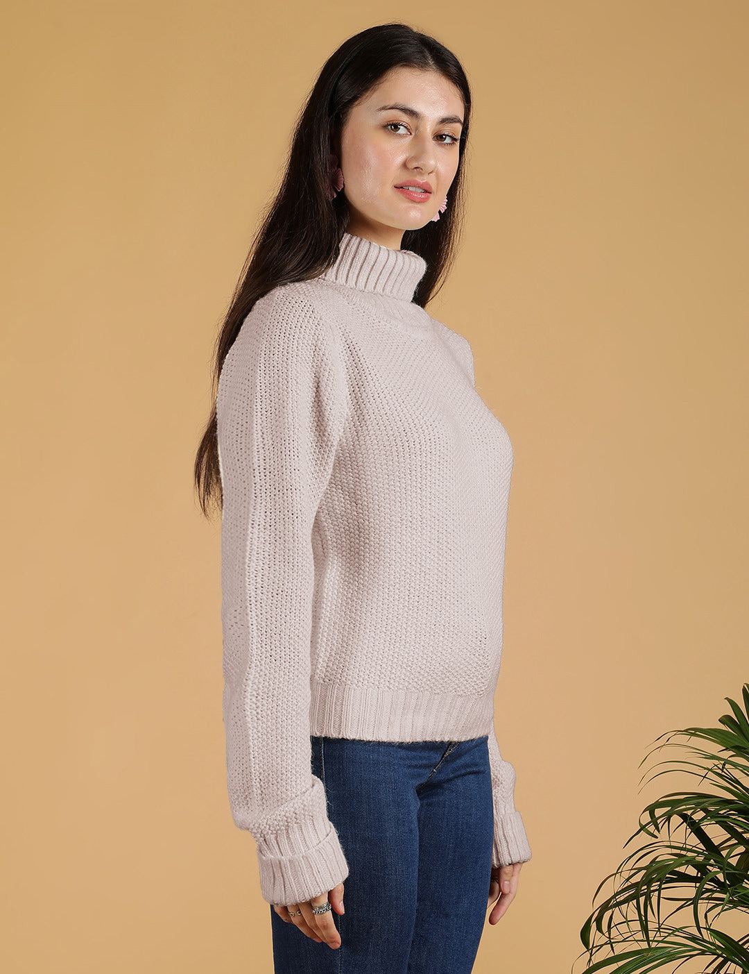 KOTTY Solid High Neck Casual Women Beige Sweater 