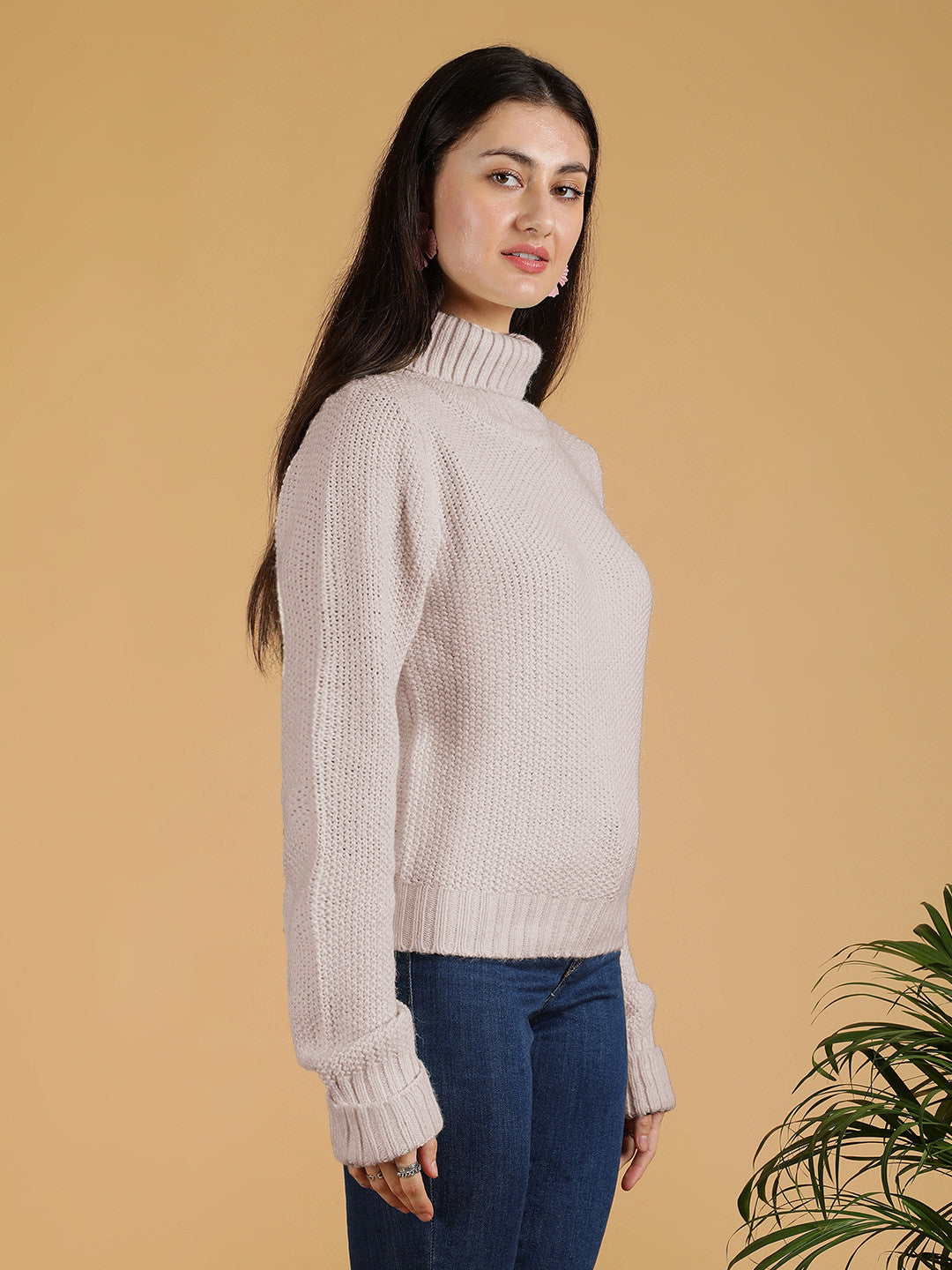 KOTTY Solid High Neck Casual Women Beige Sweater 