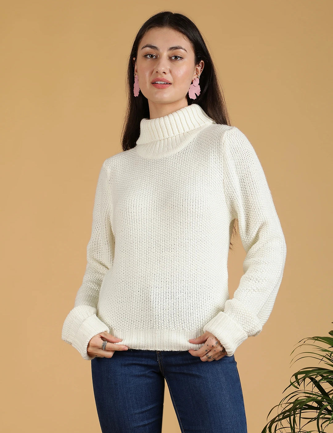 KOTTY Solid High Neck Casual Women White Sweater 