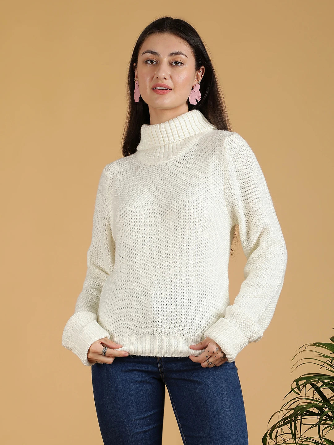 KOTTY Solid High Neck Casual Women White Sweater 