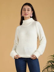 KOTTY Solid High Neck Casual Women White Sweater 