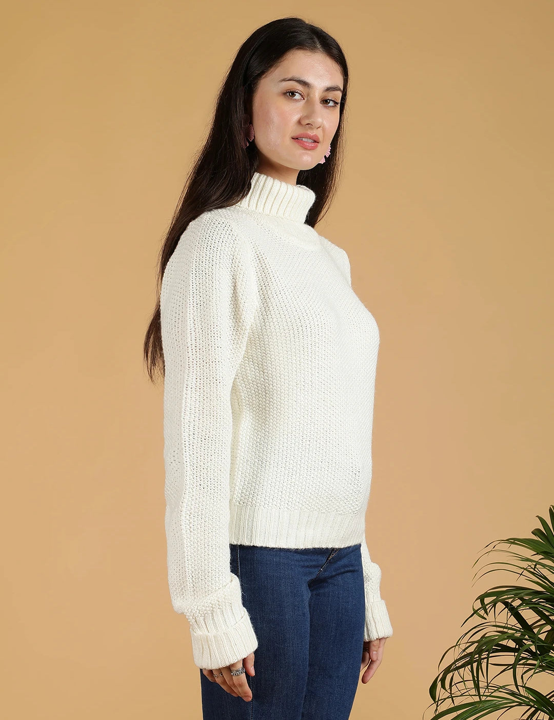 KOTTY Solid High Neck Casual Women White Sweater 