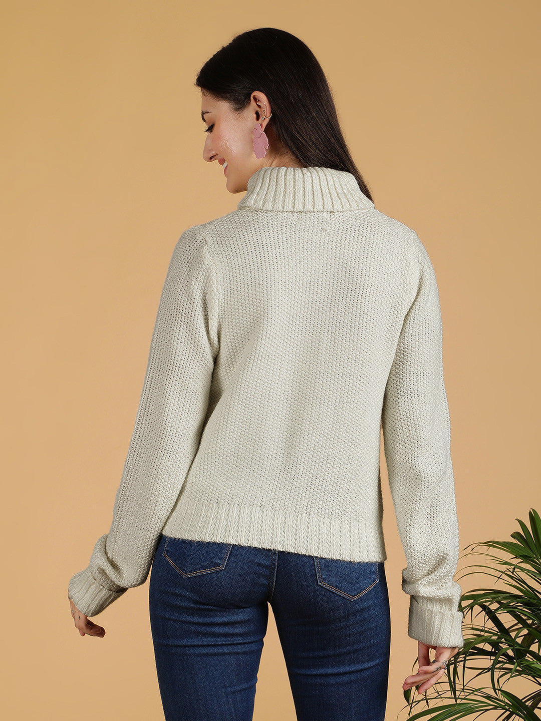 KOTTY Solid High Neck Casual Women Beige Sweater 