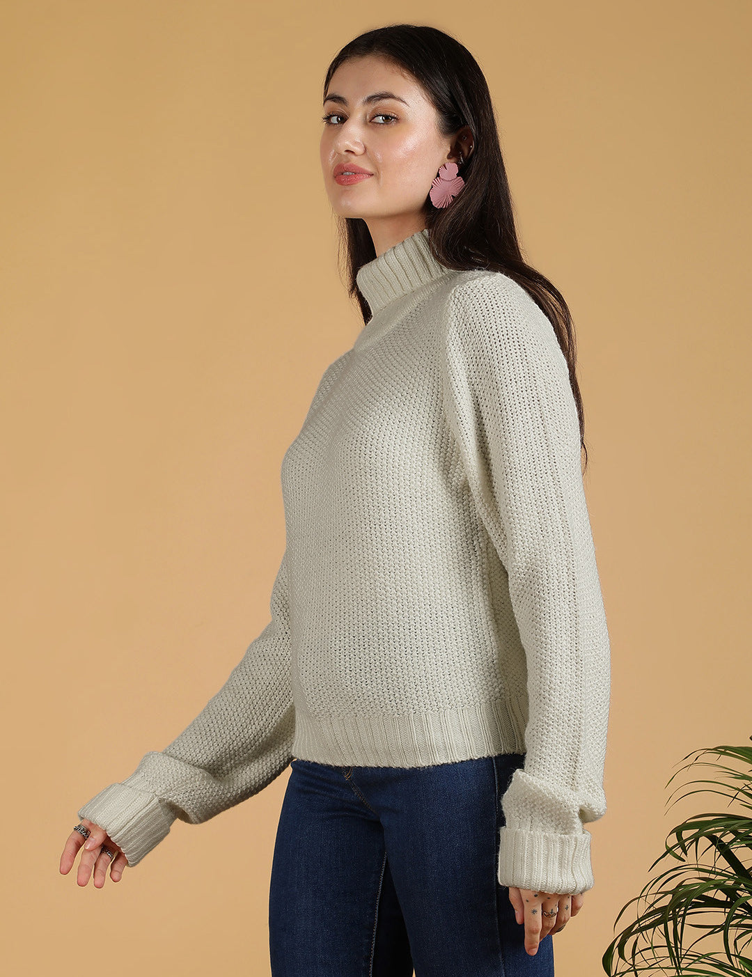 KOTTY Solid High Neck Casual Women Beige Sweater 