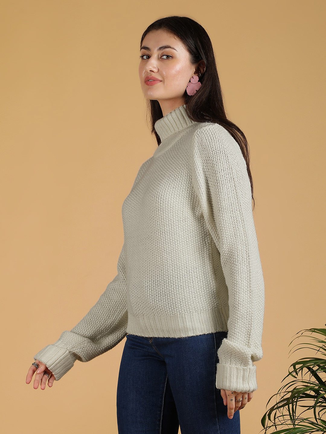 KOTTY Solid High Neck Casual Women Beige Sweater 