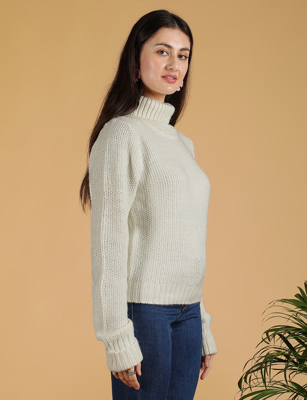 KOTTY Solid High Neck Casual Women Beige Sweater 