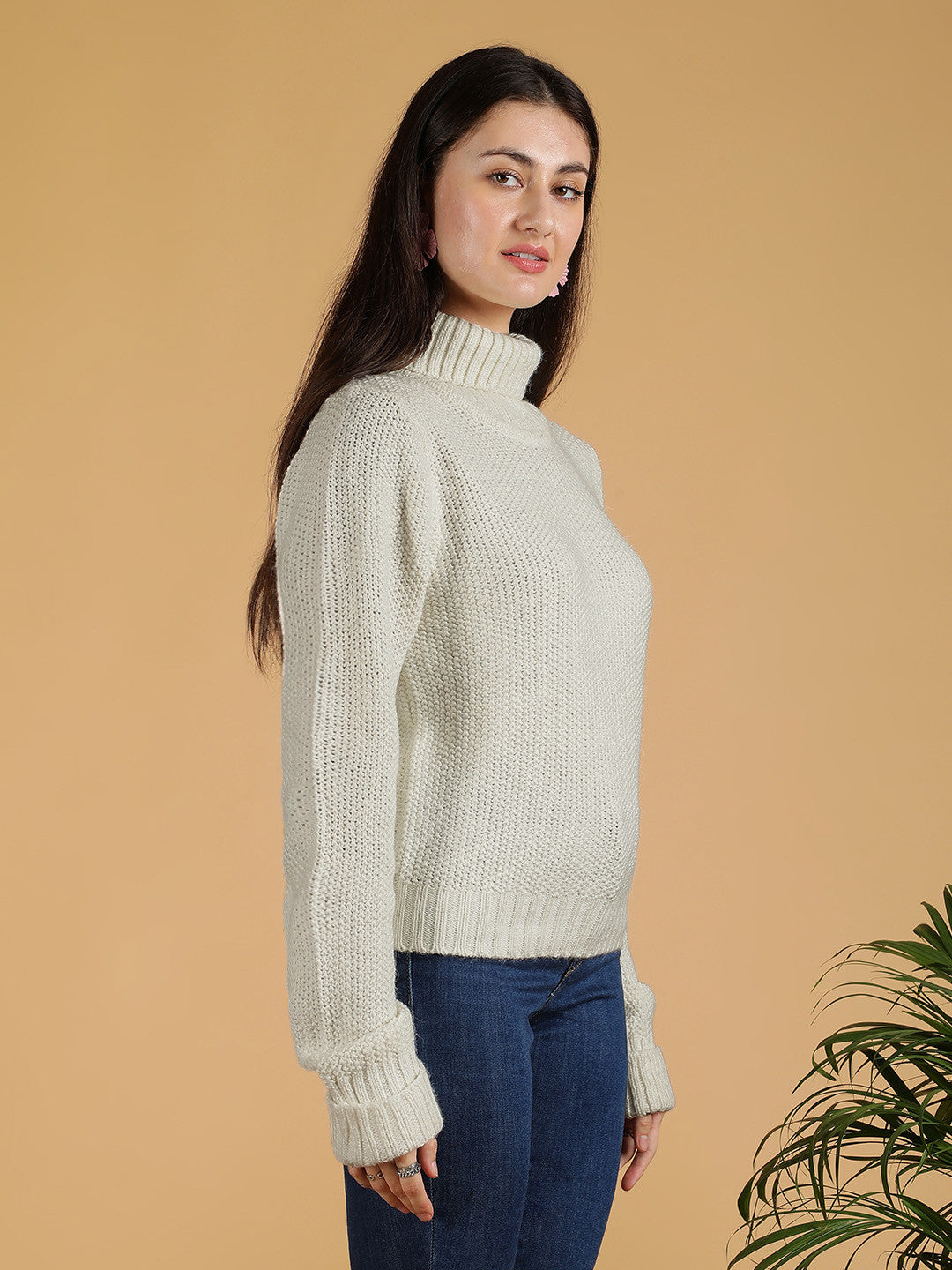 KOTTY Solid High Neck Casual Women Beige Sweater 