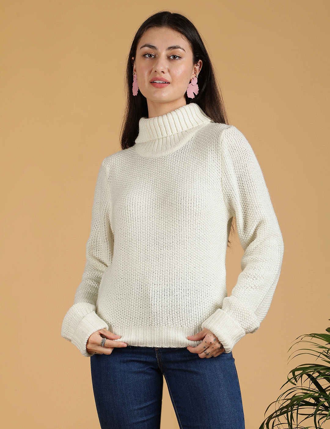 KOTTY Solid High Neck Casual Women White Sweater 