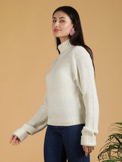 KOTTY Solid High Neck Casual Women White Sweater 