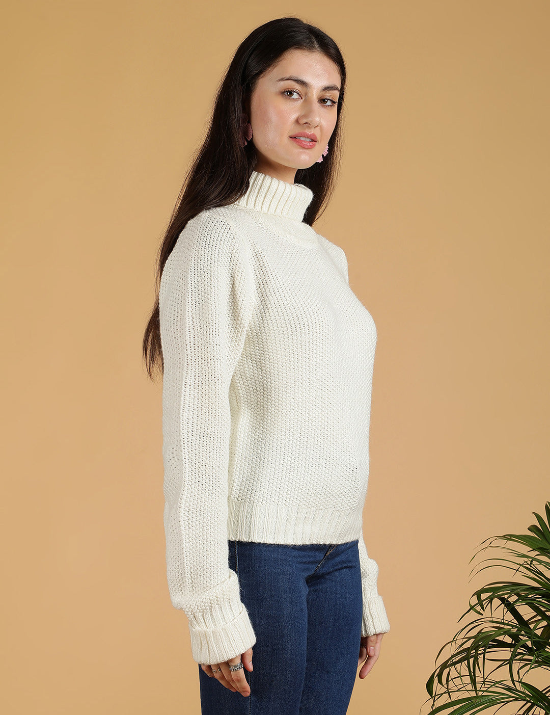 KOTTY Solid High Neck Casual Women White Sweater 